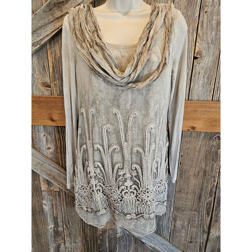 SOFT SURROUNDINGS Silk & Knit whimsigoth Tunic Top Silver Grey Overlay XS EUC